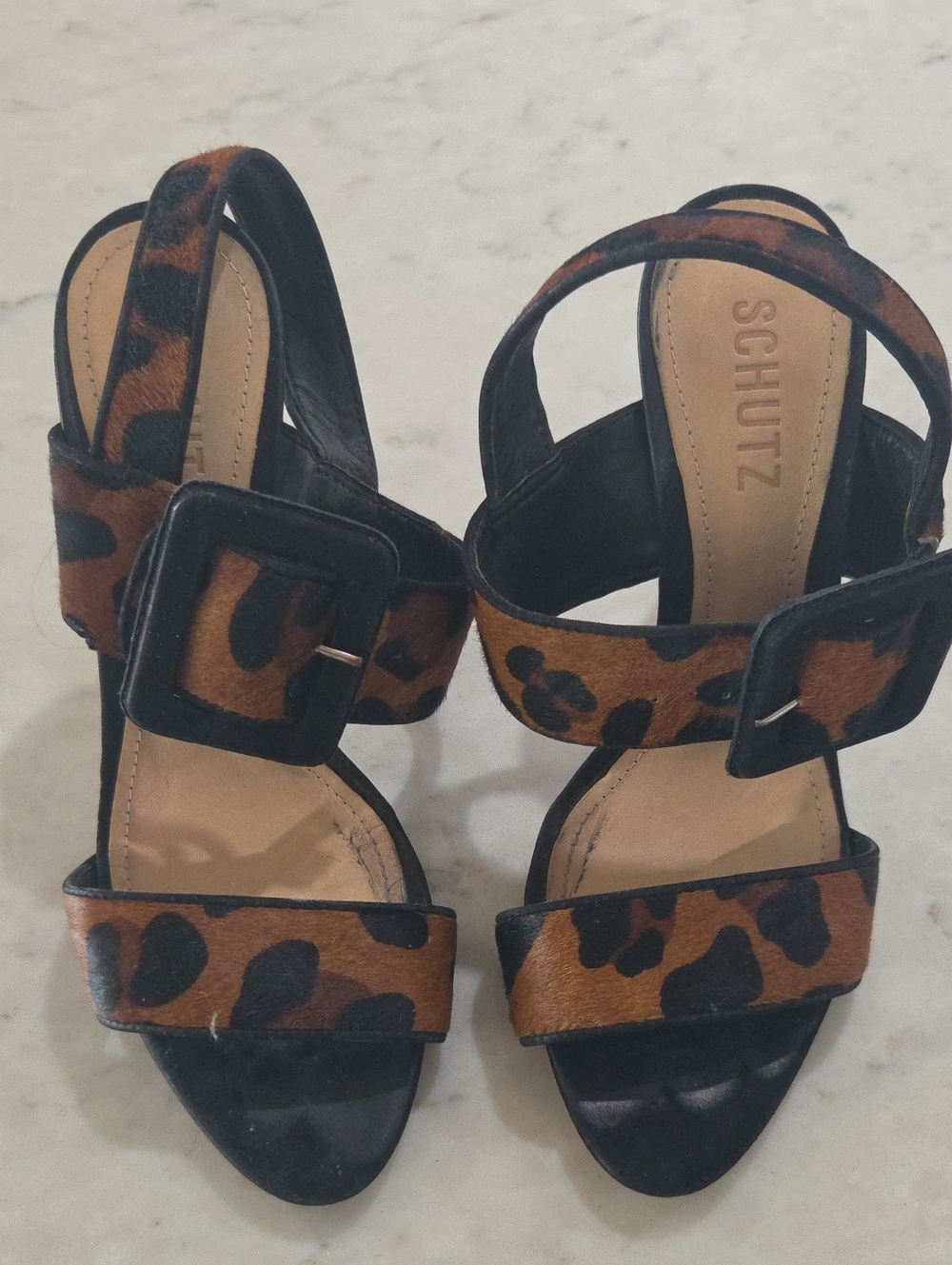 SCHUTZ Leopard Print Strappy Heels in Brown and Black